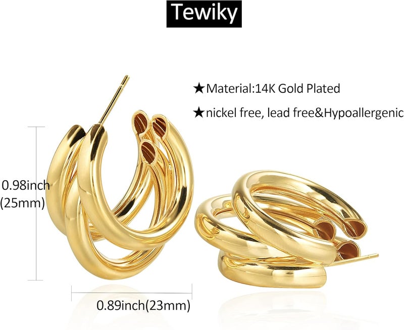 Tewiky Chunky Gold Hoop Earrings for Women, 14k Gold Plated Thick Triple Hoop Earrings Hypoallergenic Trendy Chunky Gold Hoops Earrings Dainty Jewelry Gifts for Women - Image 5